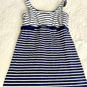 Lands End Underwire Blue White Stripe Bathing Swim Suit Dress w/ Bikini Bottom L